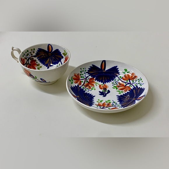 19th Century Antique Gaudy Welsh Butterfly Pattern Hand Painted Cup & Saucer Set - Picture 15 of 16
